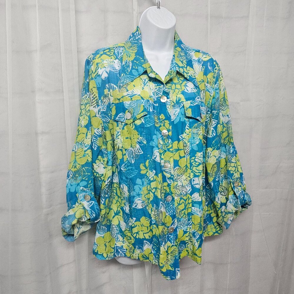 Ruby Rd Blue Green Tropical Button Down Shirt Rol… - image 7